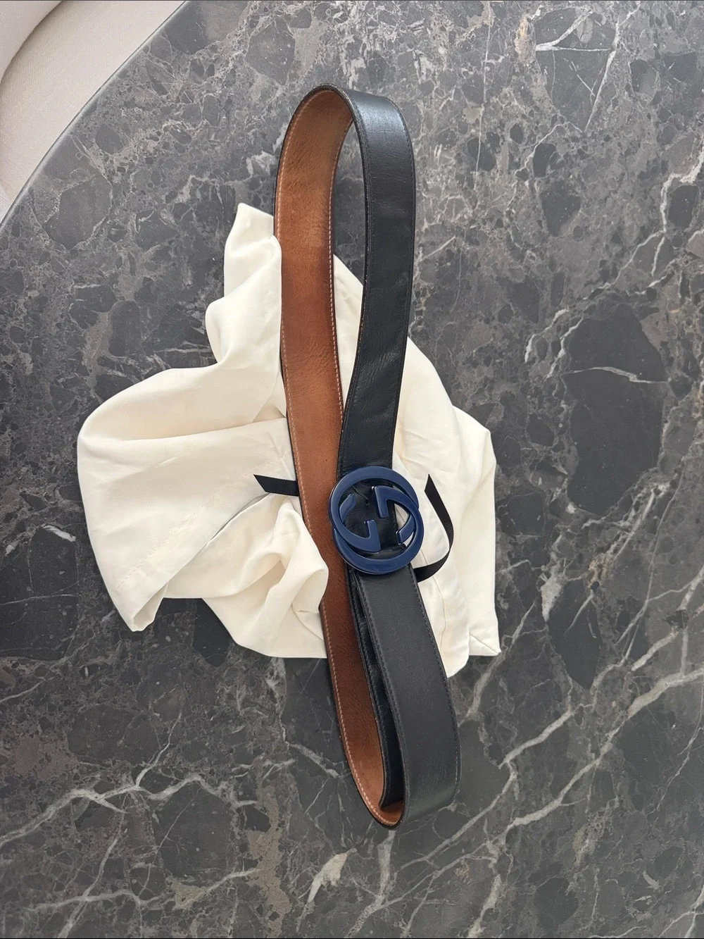 Black Leather Belt with Navy Interlocking Buckle